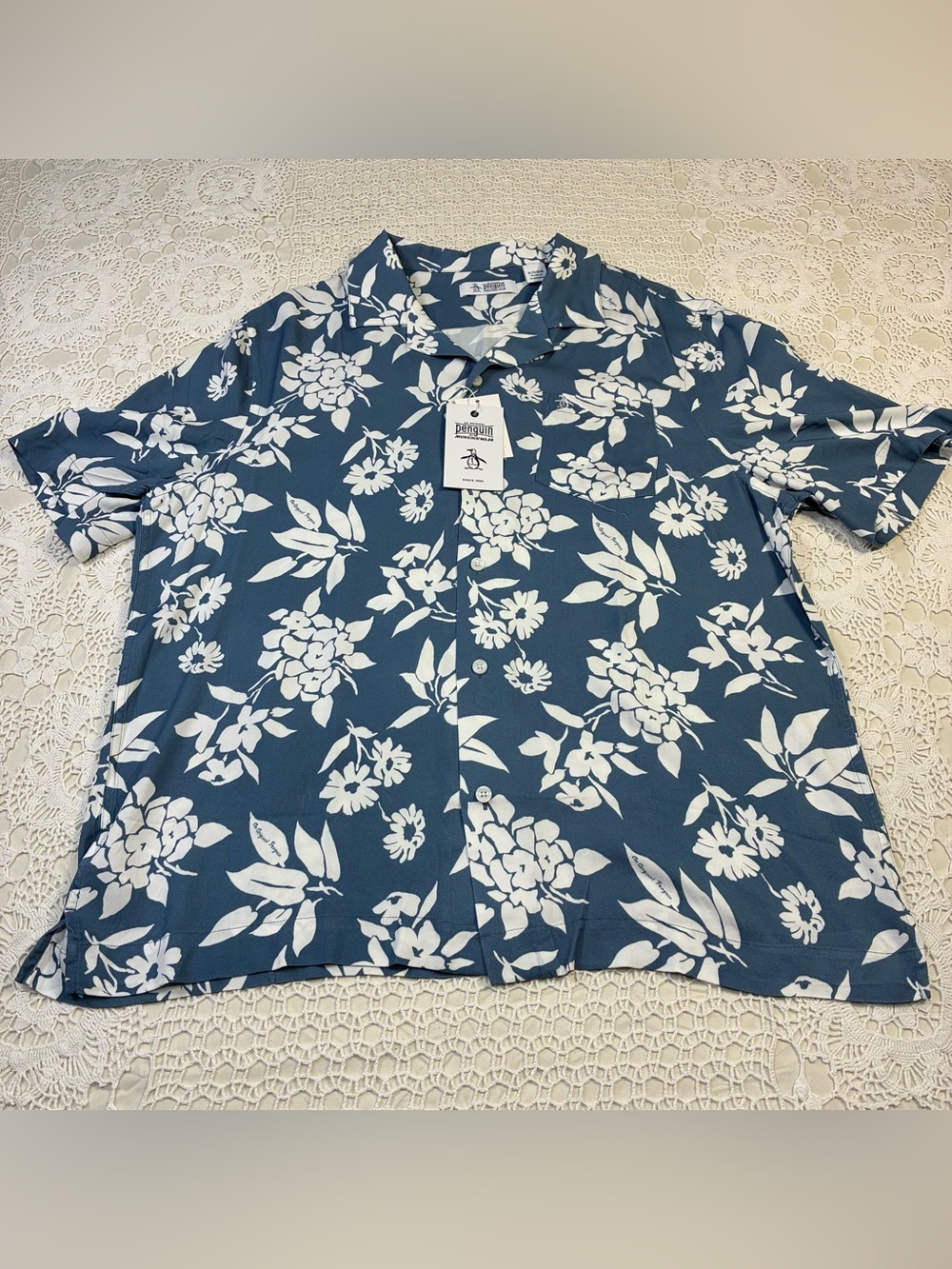 Original Penguin Men's XL Copen Blue White Floral Short Sleeve Button-Up Shirt